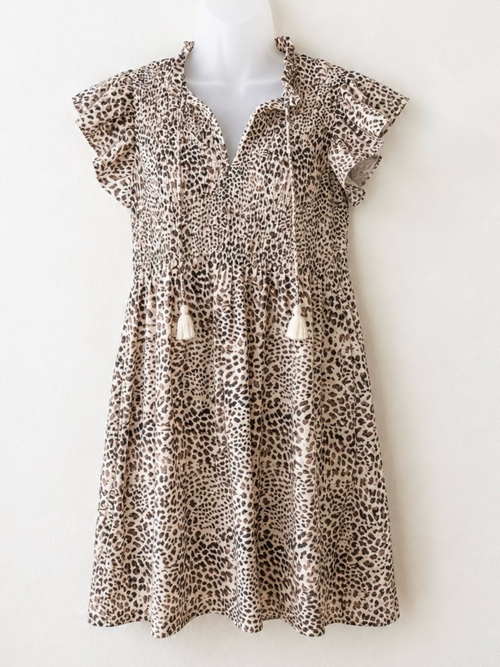 Sea New York Leopard Print Smocked Flutter Sleeve Cotton Dress Size 4